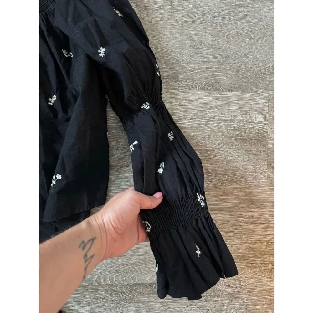 Zara Off Shoulder Embroidered Peasant Blouse Top Black Boho Romantic Size S